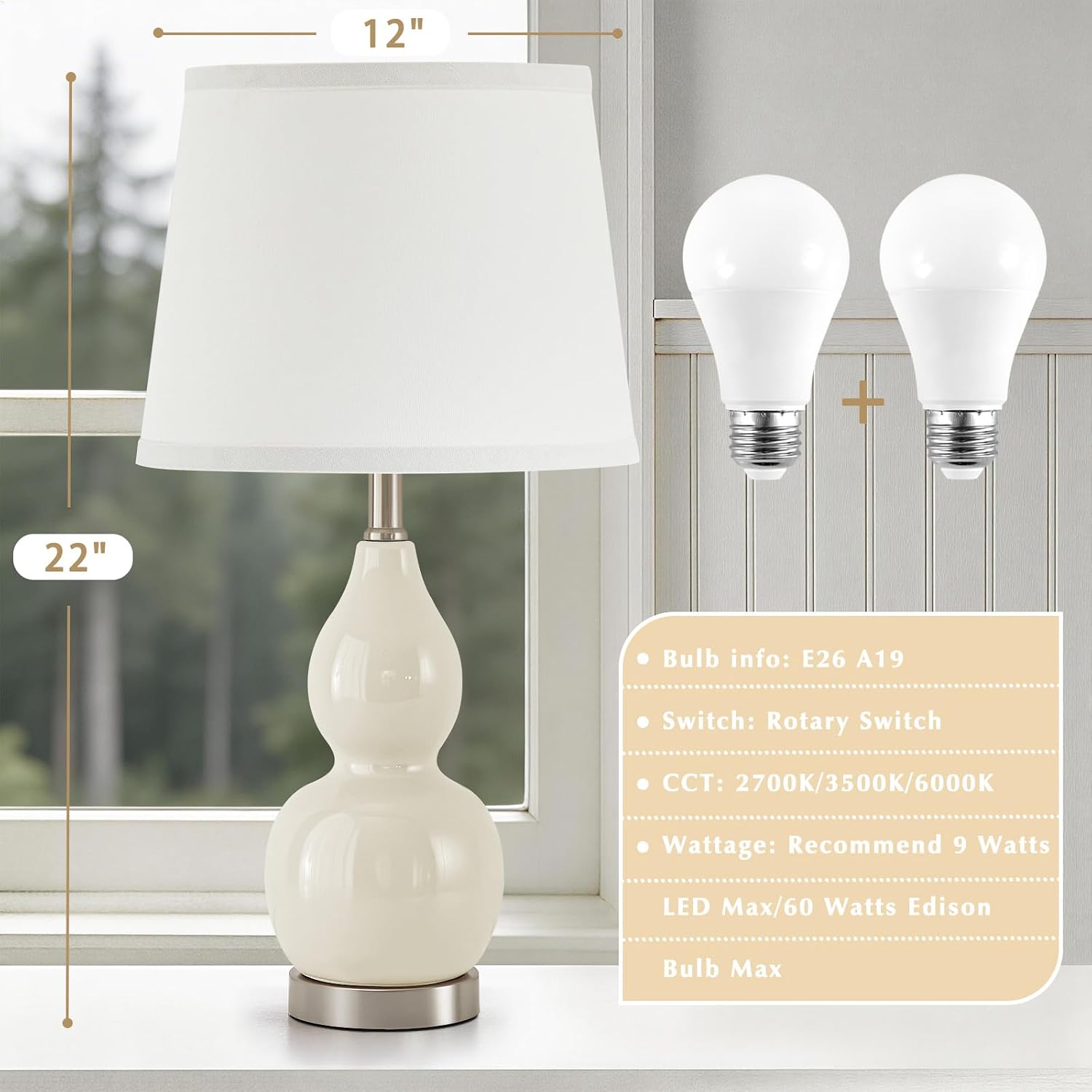 WelcomeGyroVu GyroVu 22" Table Lamp Set of 2, Color Temperature Adjustable Double Gourd Ceramic Lamps Classic Nightstand Table Lamps for Be…