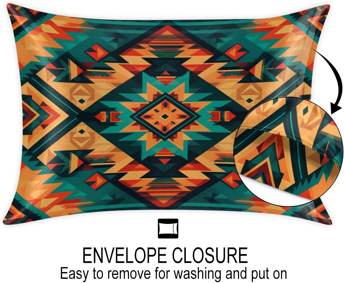 Aztec Theme Satin Silk Pillowcase for Hair and Skin Aztec Western Pillow Cases King Size Soft Silk Pillow Case with Envelope Closure…