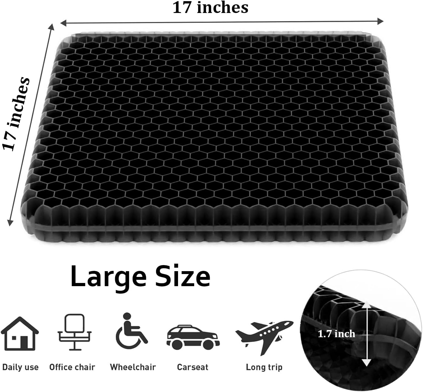 Helishy Gel Seat Cushion, Large Gel Cushion Breathable Honeycomb Chair Pads Gel Cushion with Non-Slip Cover for Home Office Chair Car Seat…