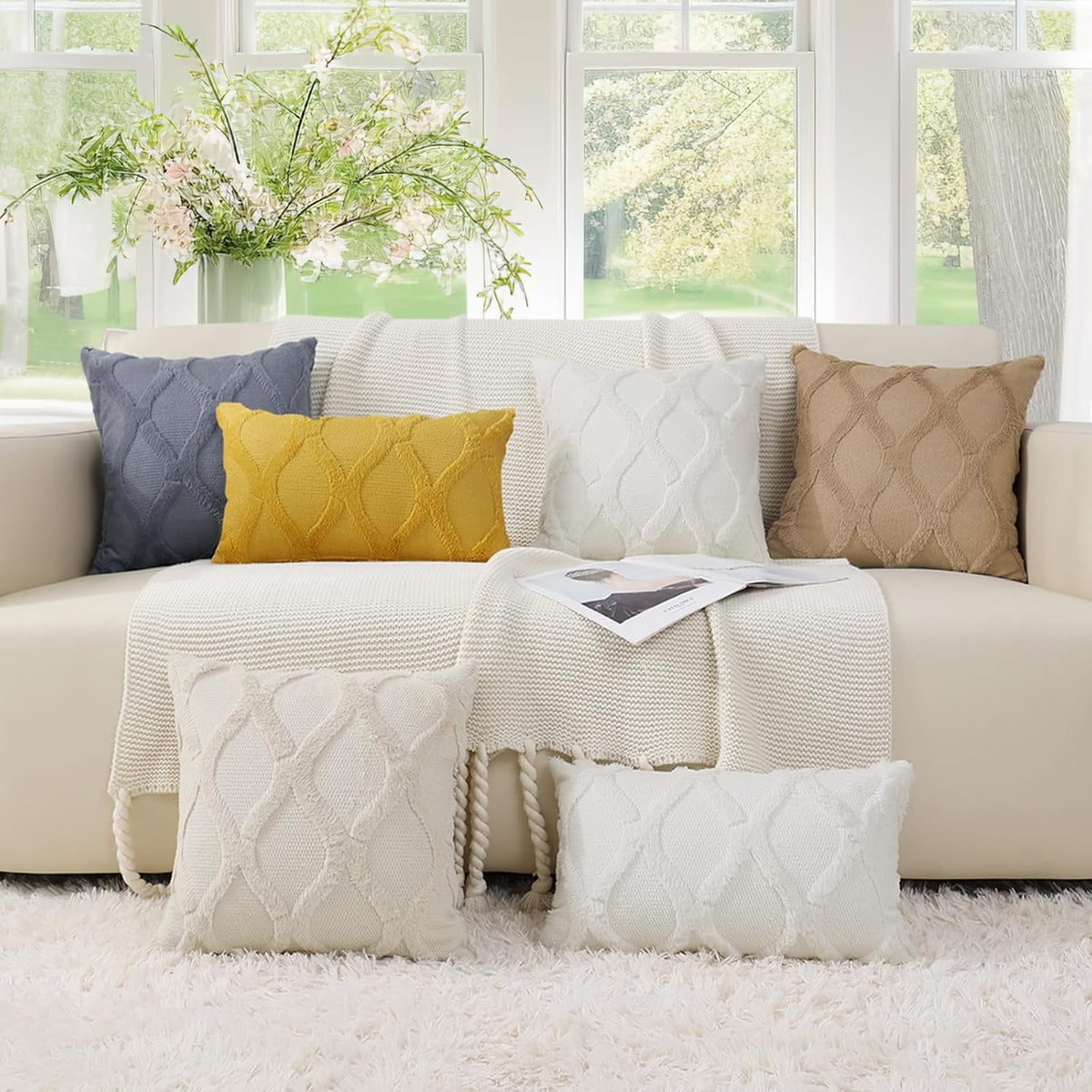 decorUhome Summer Euro Sham Throw Pillow Covers 22x22 Inch Set of 2, Soft Plush Faux Fur Wool Black Accent Couch Pillow Covers for Modern F…