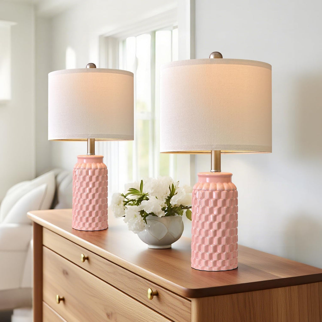 20.5" Small Bedside Lamps Set of 2 with 5FT Cord, Pink Ceramic Modern Farmhouse Table Lamps for Nightstand, Living Room, Bedroom, 3D…