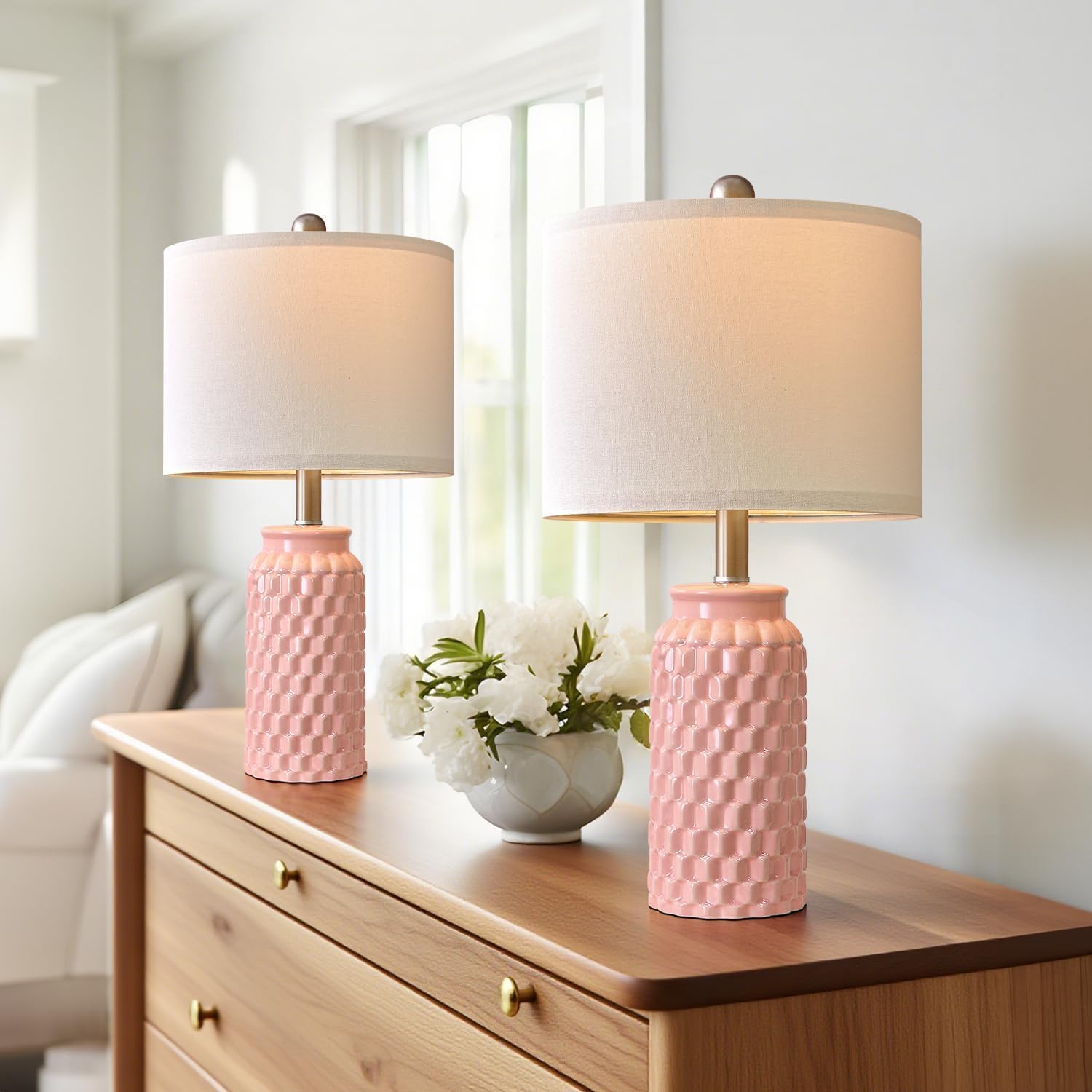 20.5" Small Bedside Lamps Set of 2 with 5FT Cord, Pink Ceramic Modern Farmhouse Table Lamps for Nightstand, Living Room, Bedroom, 3D…