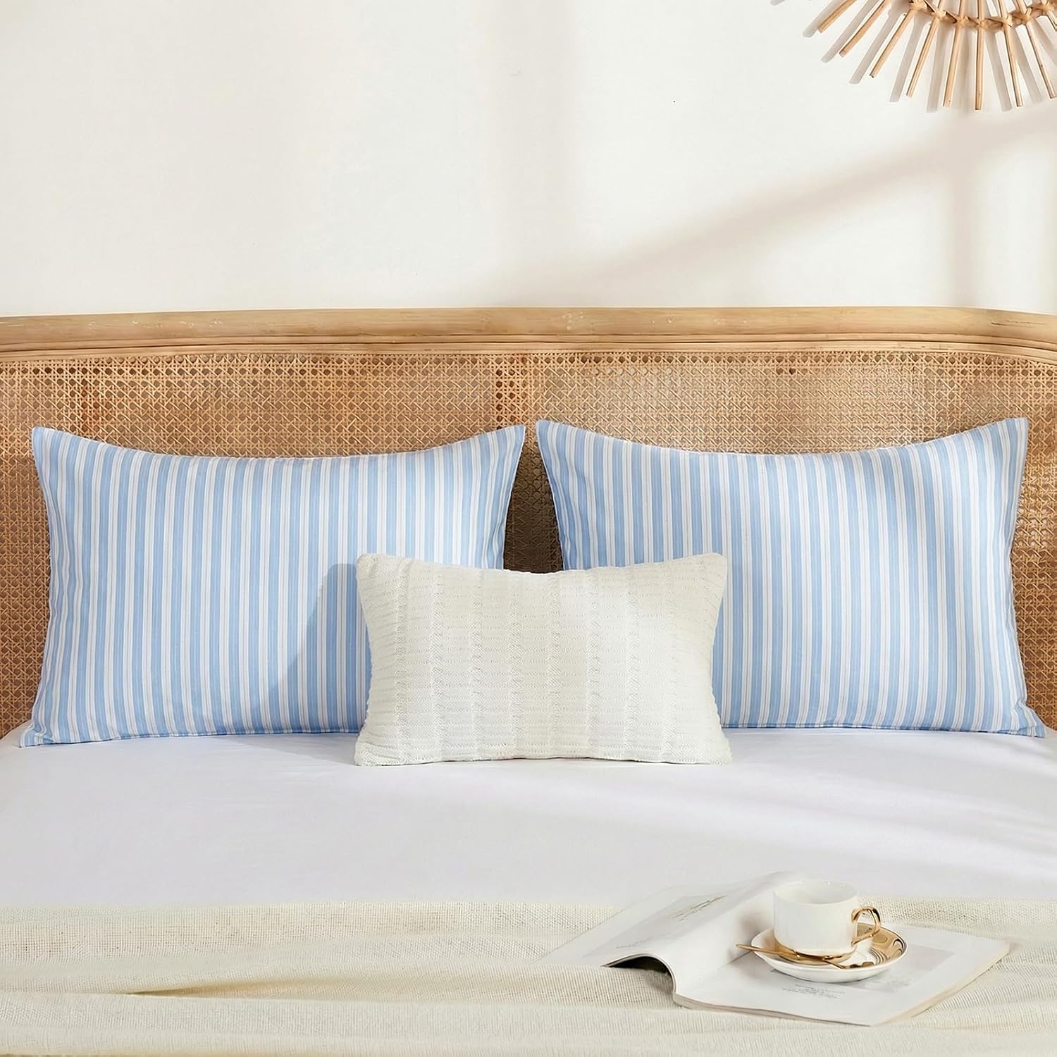 Merryword Blue and White Striped Pillowcases, 100% Cotton Pillow Cases, Standard Size Pillowcases, Soft Breathable Ribbon Stripe Pillow Cov…