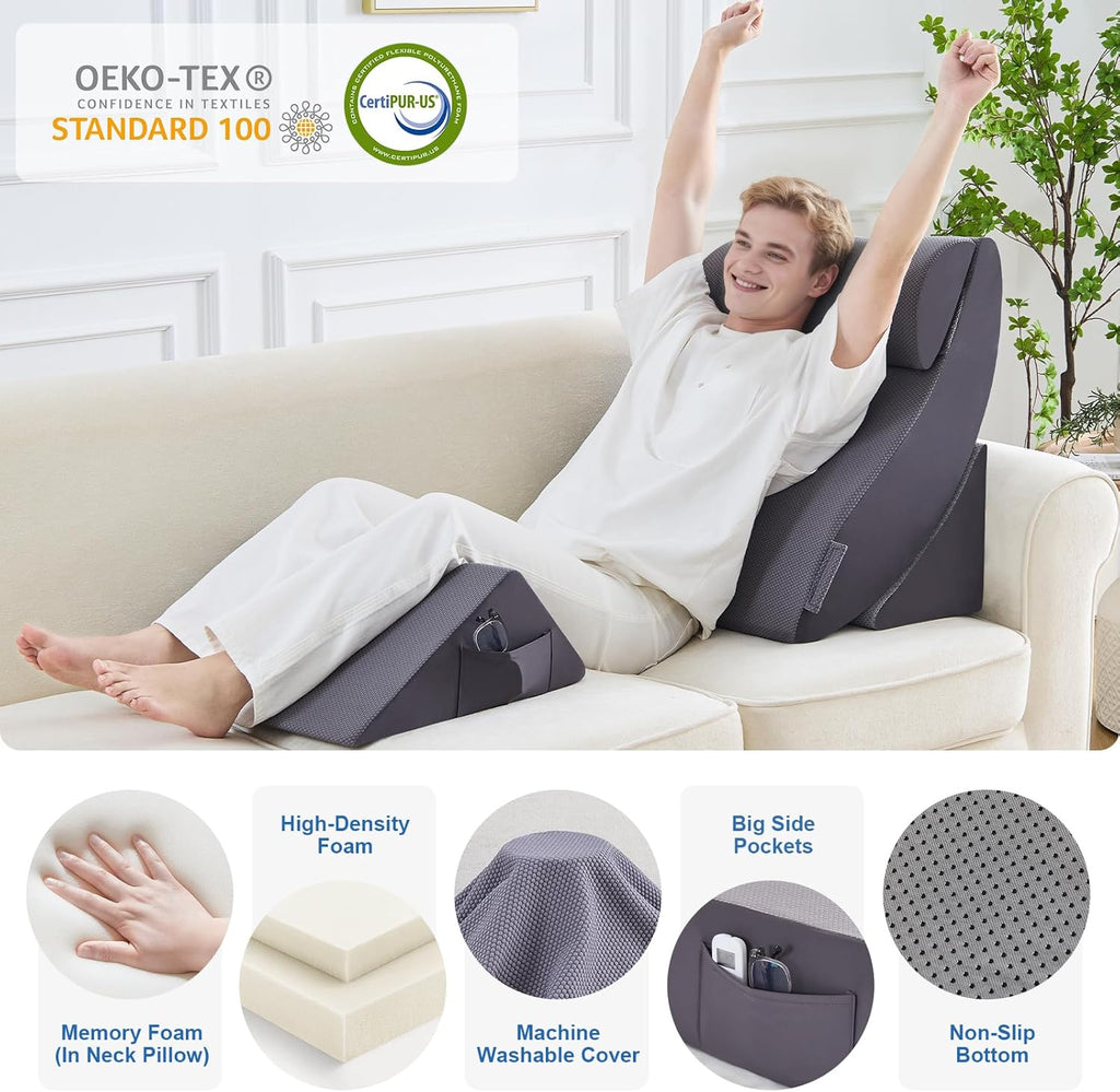 Paxato 4PCS Bed Wedge Pillow Set for After Surgery, Orthopedic Wedge Pillows for Sleeping, Back, Neck and Leg, Adjustable Memory Foam Supp…