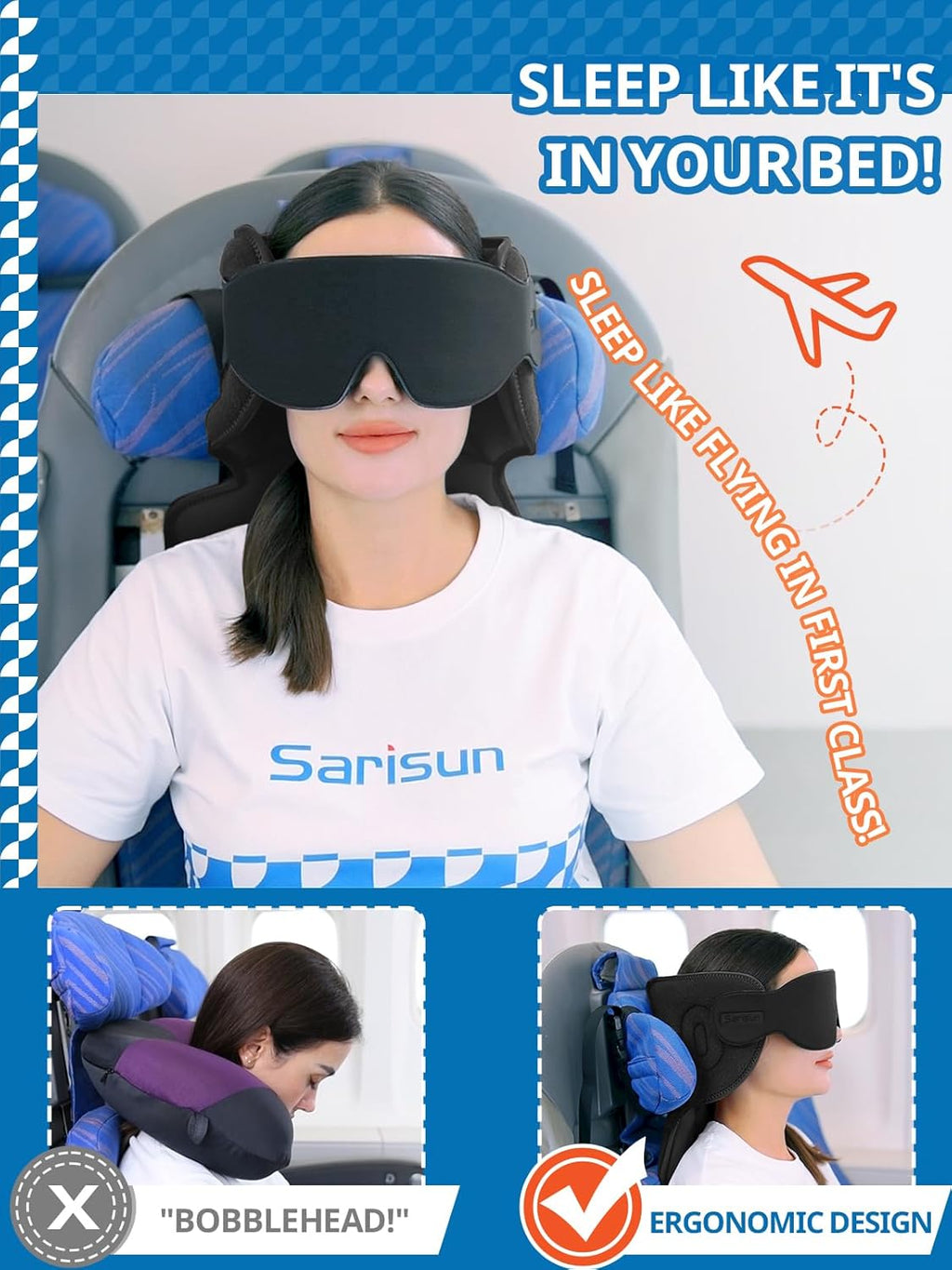 SARISUN Travel Pillows for Airplanes, Airplane Pillow with Sleep Eye Mask, 360° Support Headrest, Travel Essentials, Adjustable Airplane…