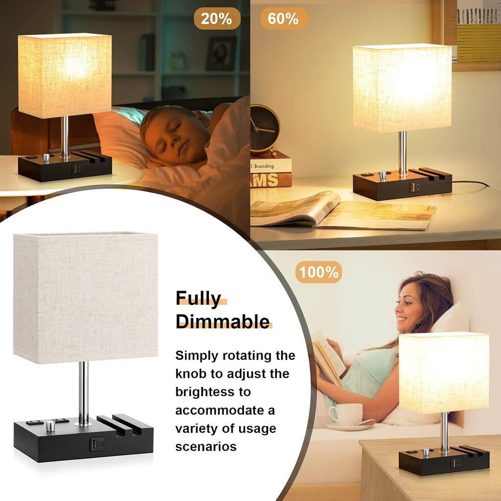 Bedside Lamps for Bedroom Set of 2, Kakanuo Fully Dimmable Small Beige Nightstand Lamps with USB C Ports and 2 Charging Outlets, Wooden…