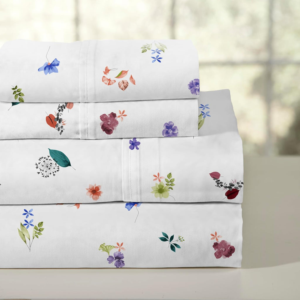 Pointehaven Floral Garden Printed Cotton Percale 3 pc Sheet Set, Twin