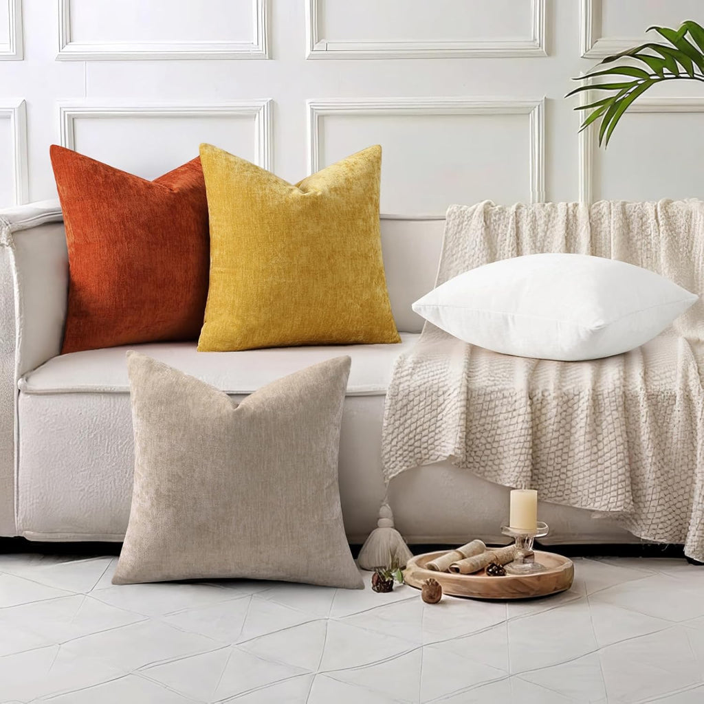 decorUhome Chenille Cream White Throw Pillow Covers 24x24 Inch Set of 2, Decorative Soft Couch Pillow Covers Solid Dyed Accent Farmhouse Ne…