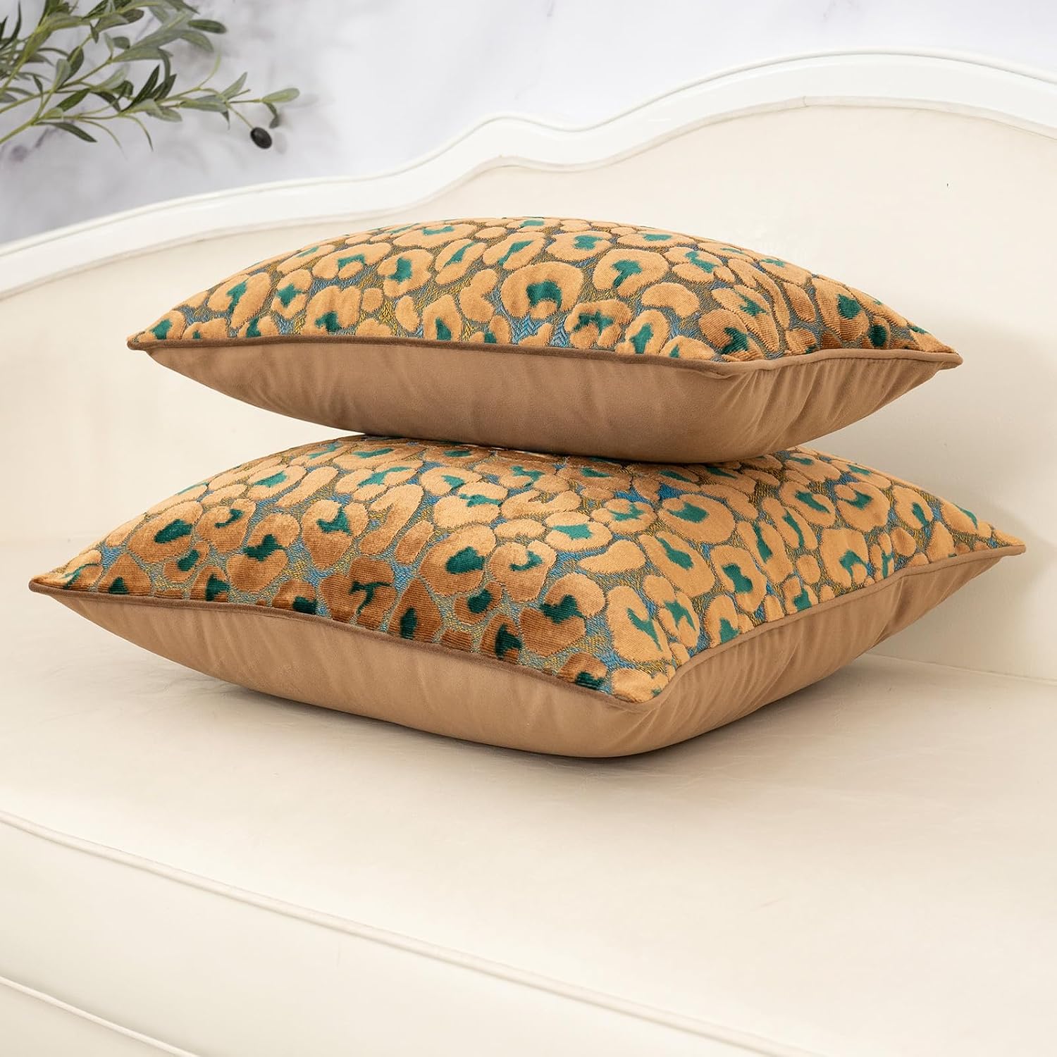 Alerfa Green Brown Floral Throw Pillow Cover 12 x 20 Inch Cut Velvet Rectange Luxury Decorative Lumbar Pillow Cover for Couch Living Room…
