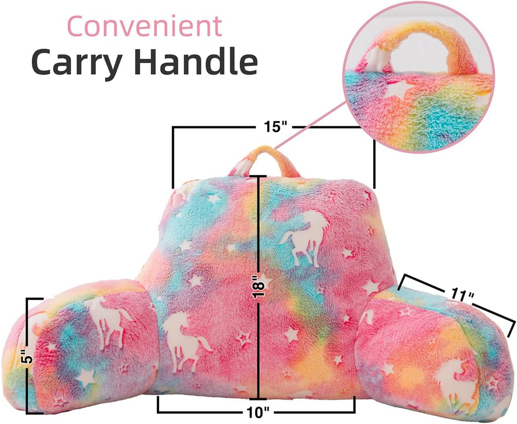 Holawakaka Glow in The Dark Unicorn Reading Pillow for Sitting up in Bed Sofa Kids Teens, Luminous Stars Backrest Pillow with Arms for…