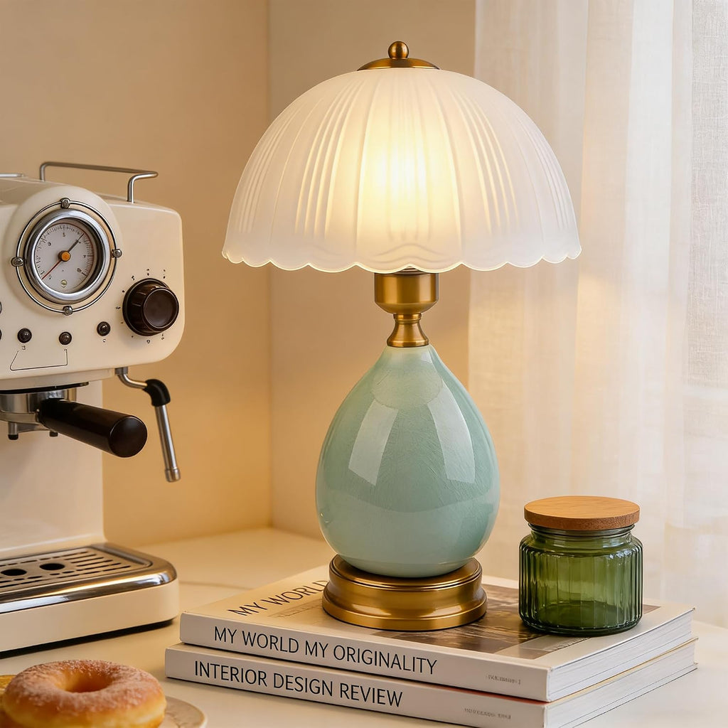 Table Lamps Ceramic Retro Lamp for Living Room,16.73" Modern Bedside Nightstand Traditional Lamps, Classic Chinoiserie Green Glass Lamp…