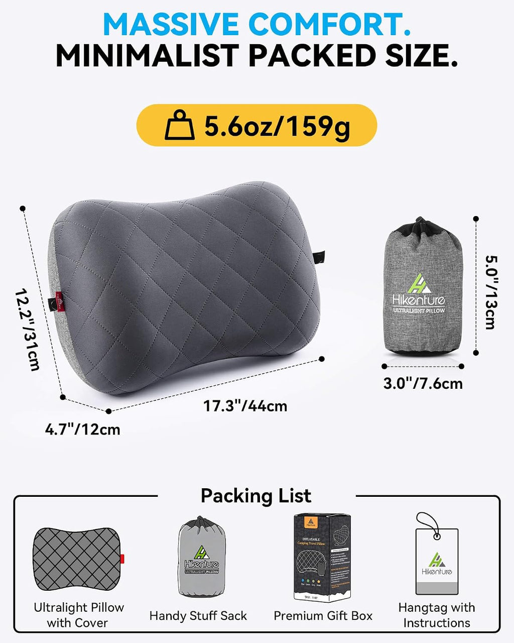 Hikentureoutdoor Hikenture Camping Pillow with Removable Cover - Ultralight Inflatable Pillow for Neck Lumbar Support - Upgrade Backpacking…