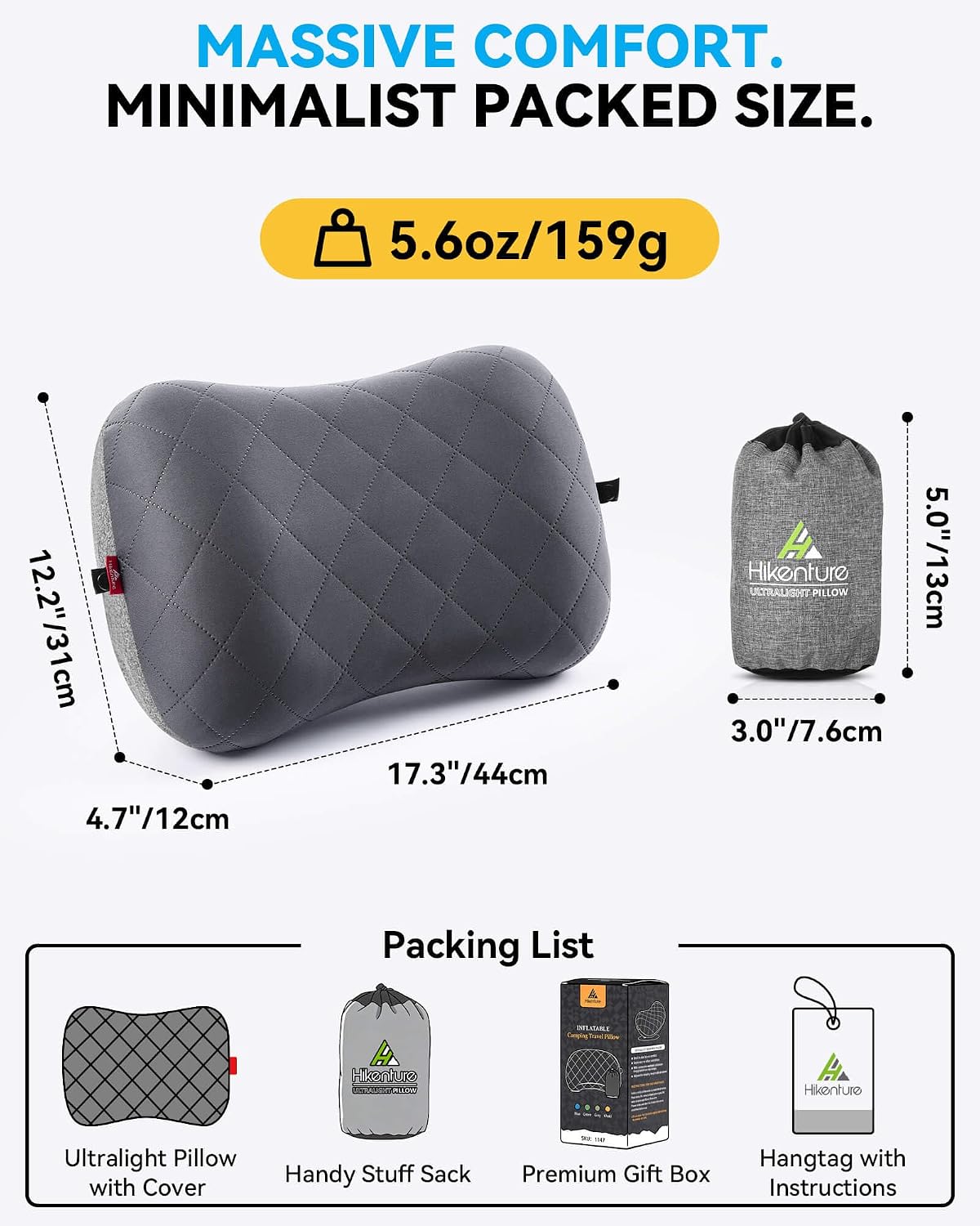Hikentureoutdoor Hikenture Camping Pillow with Removable Cover - Ultralight Inflatable Pillow for Neck Lumbar Support - Upgrade Backpacking…