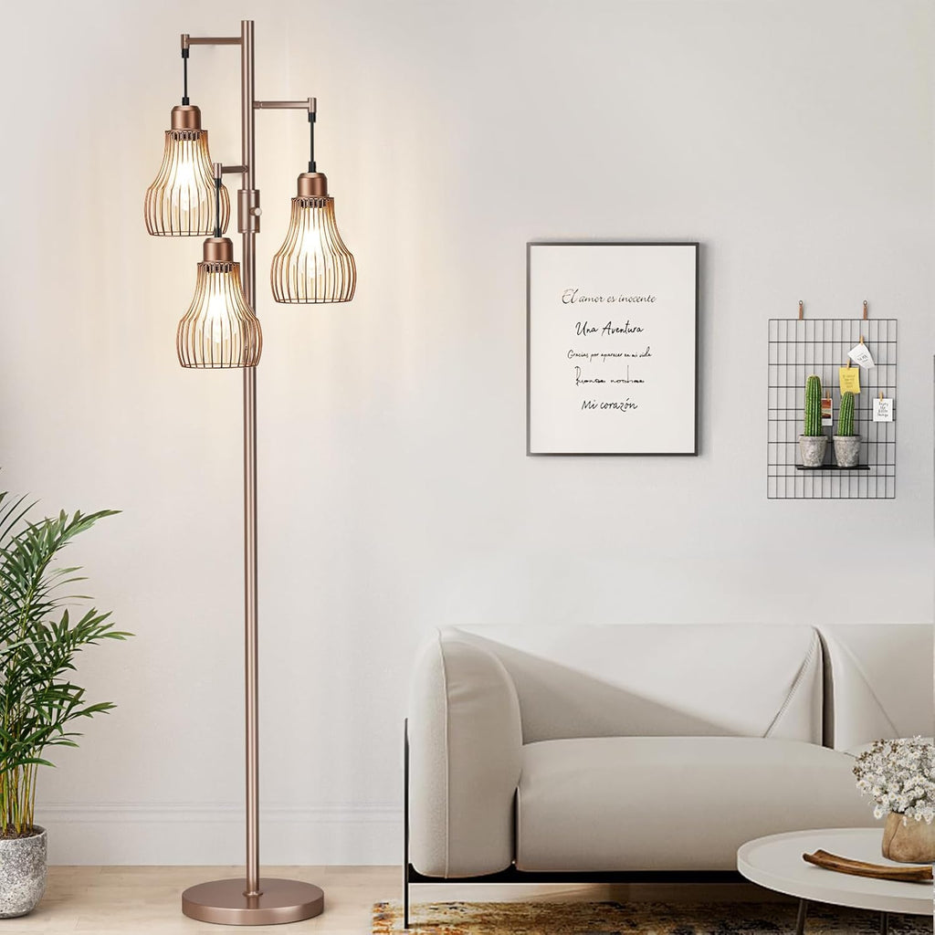 Ziisee Dimmable Floor Lamps for Living Room, Industrial Tree Standing Tall Lamps with 3 Elegant Cage Shade & 800 Lumens LED Bulbs for…