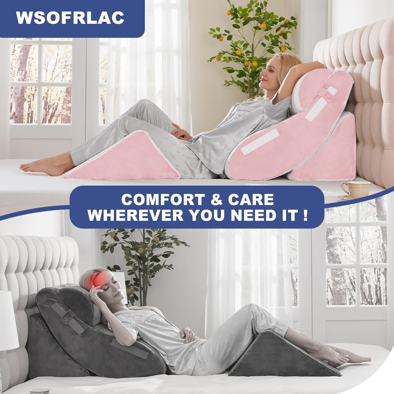 Wsofrlac 4PC Geriatric Wedge Pillow System - Elderly Bed Wedges for Sitting/Sleeping, Post Surgery Body Positioner with Non-Slip Base (Idea…