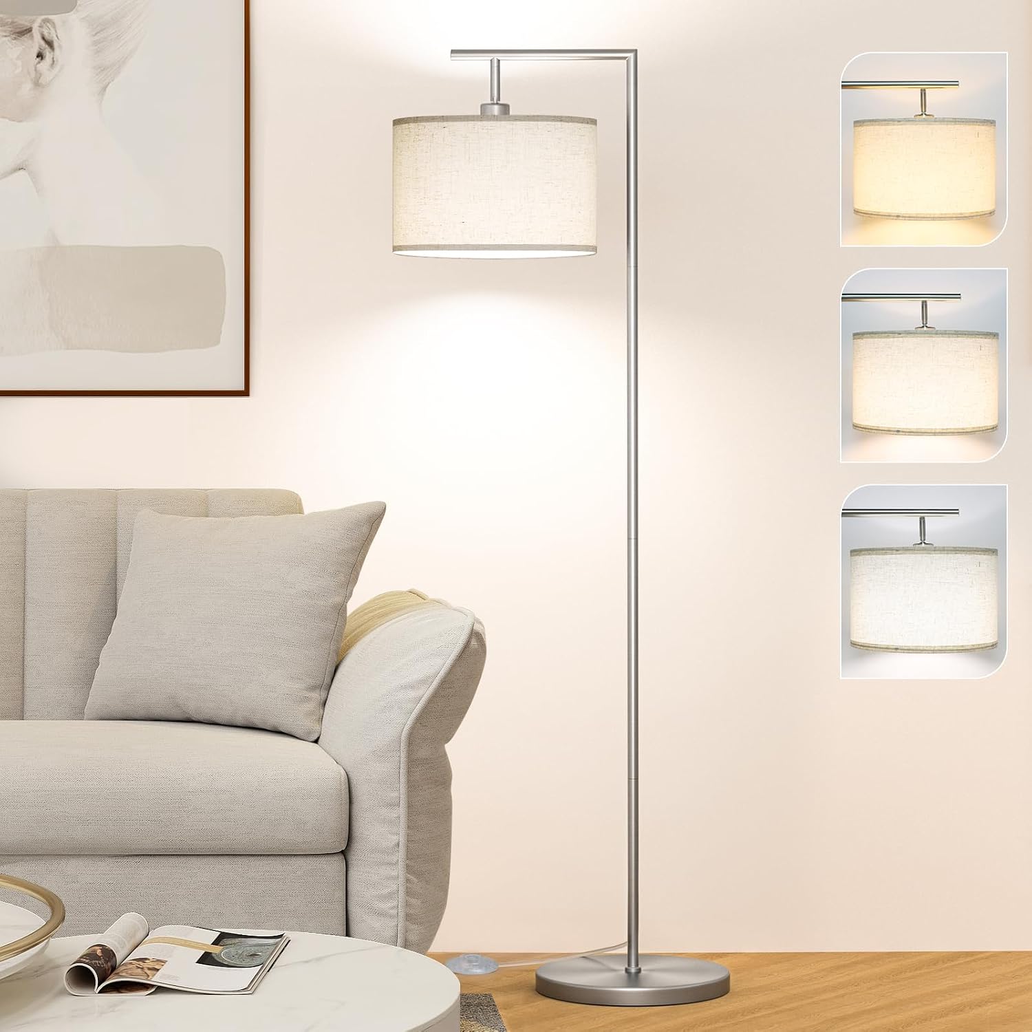 Floor Lamp for Living Room with 3 Color Temperatures Standing Lamp with Adjustable Beige Linen Lampshade Tall Lamps for Bedroom Office…