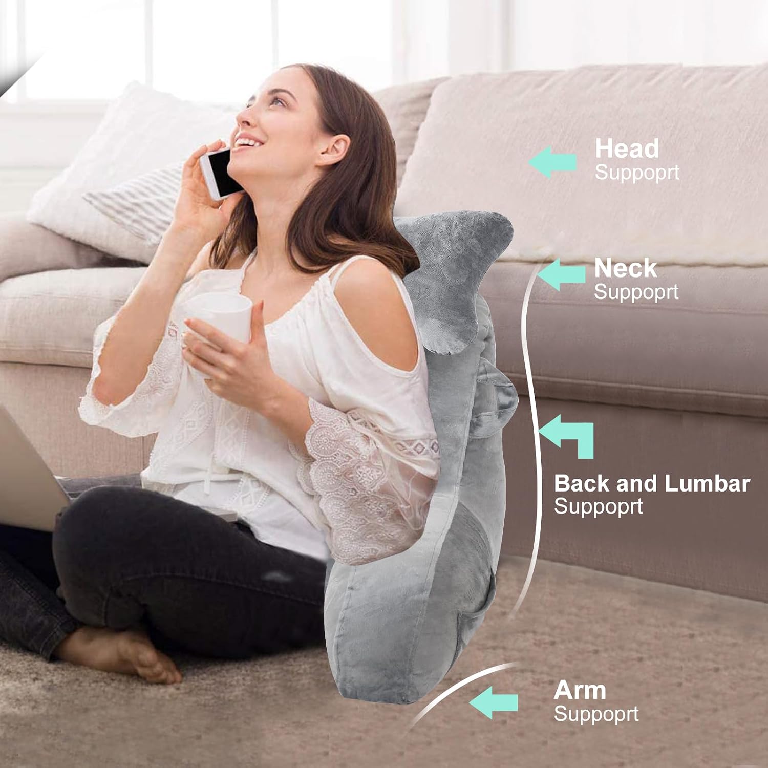 SLIGUY Reading Pillow for Sitting in Bed Couch Adult, Back Pillow with arm Support and Pockets, Adult Back Pillow Bed Chair for Bed Rest…