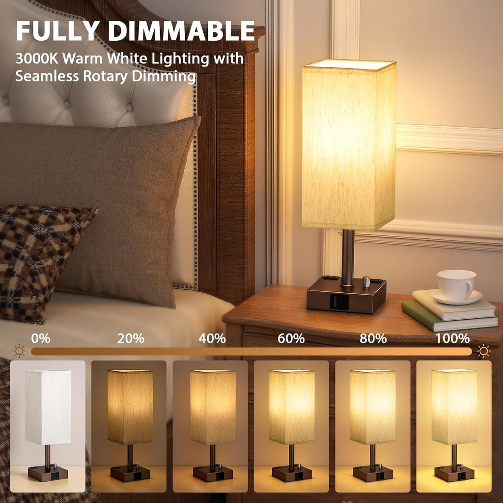 aooshine Brown Fully Dimmable Nightstand Lamps Set of 2 - Table Bedside Lamp with USB C+A Charging Ports & 2 AC Outlets, Square Lamp Sets…