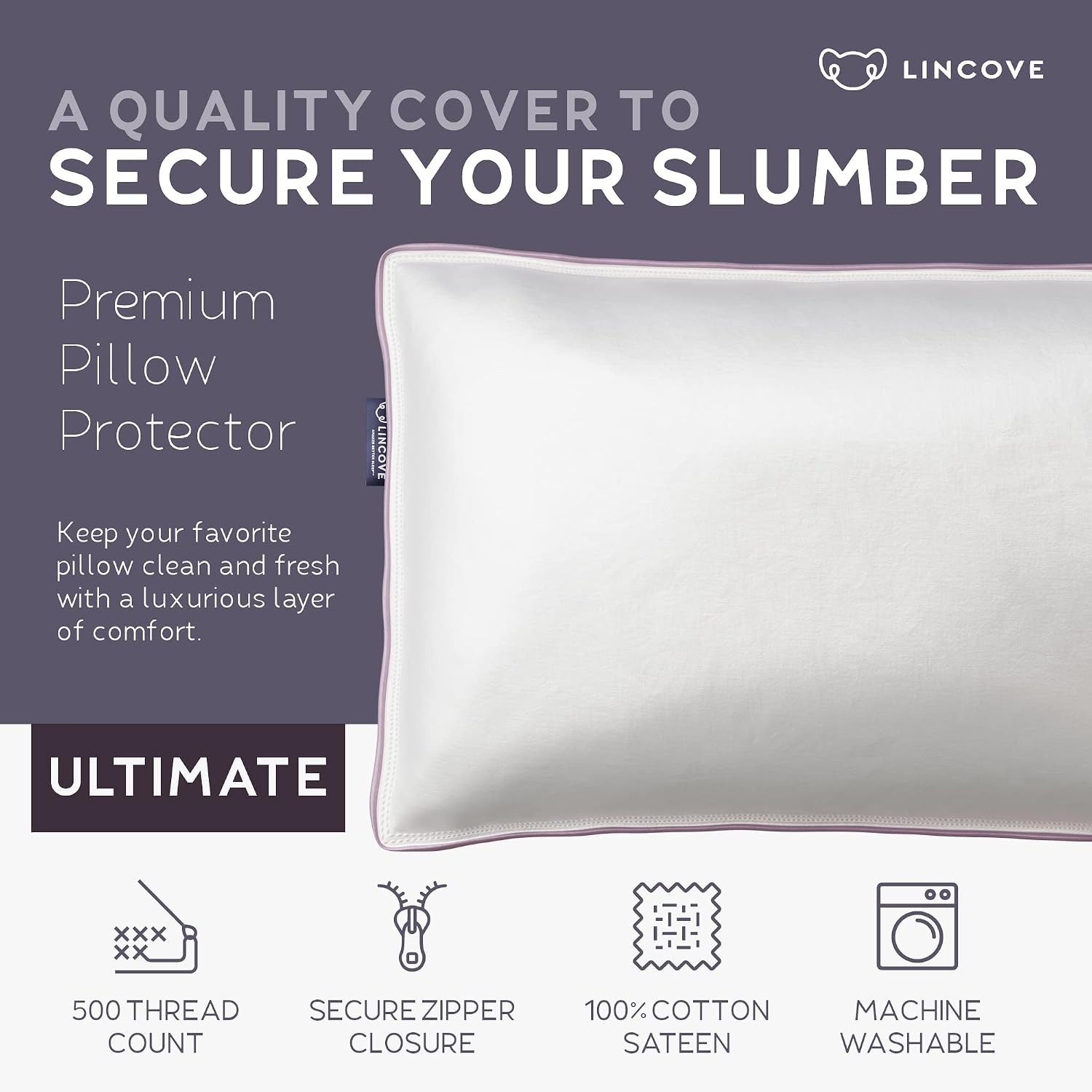 Lincove 100% Cotton Sateen Nap Pillow Protector - Zipper Closure - 500 Thread Count Luxury Cotton - Zippered Dust Pillow Protector Bed…