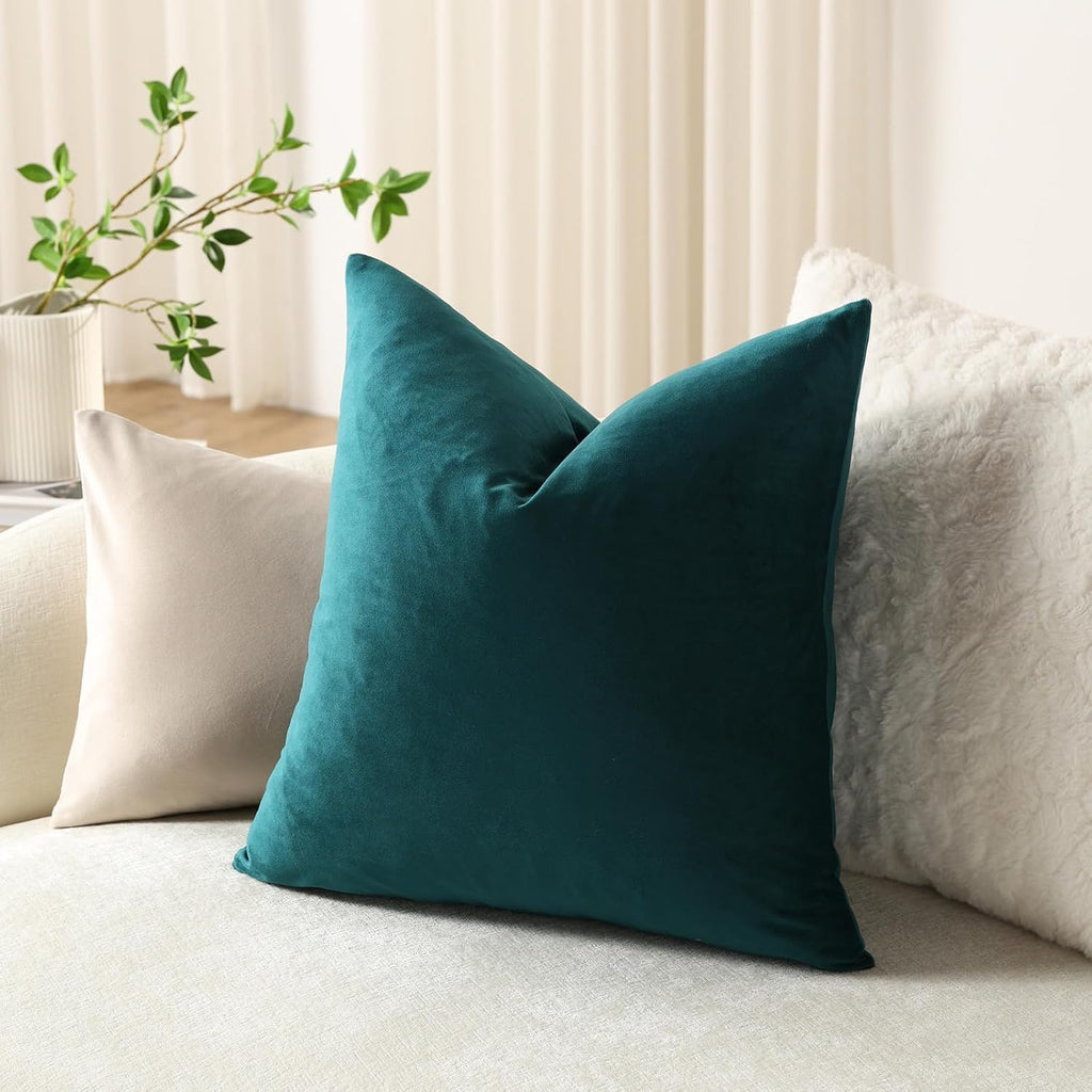 Dezene Throw Pillow Covers 18x18 Teal: Pack of 2 Cozy Soft Velvet Square Modern Luxury Decorative Throw Pillow Cases for Sofa Couch Living…