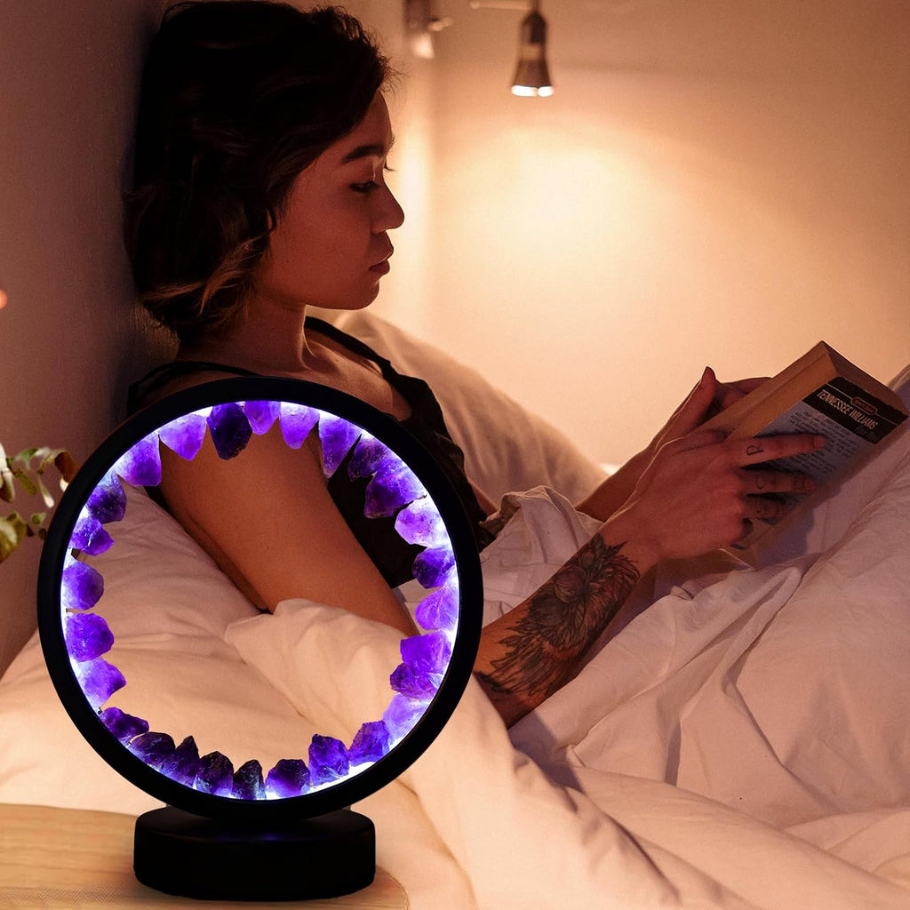 Runyangshi Amethyst Night Lamp 8.6" Natural Healing Crystal Bedside Lamp USB Port 3 Colours Dimming Mode Bedroom Lamp Suitable Night…