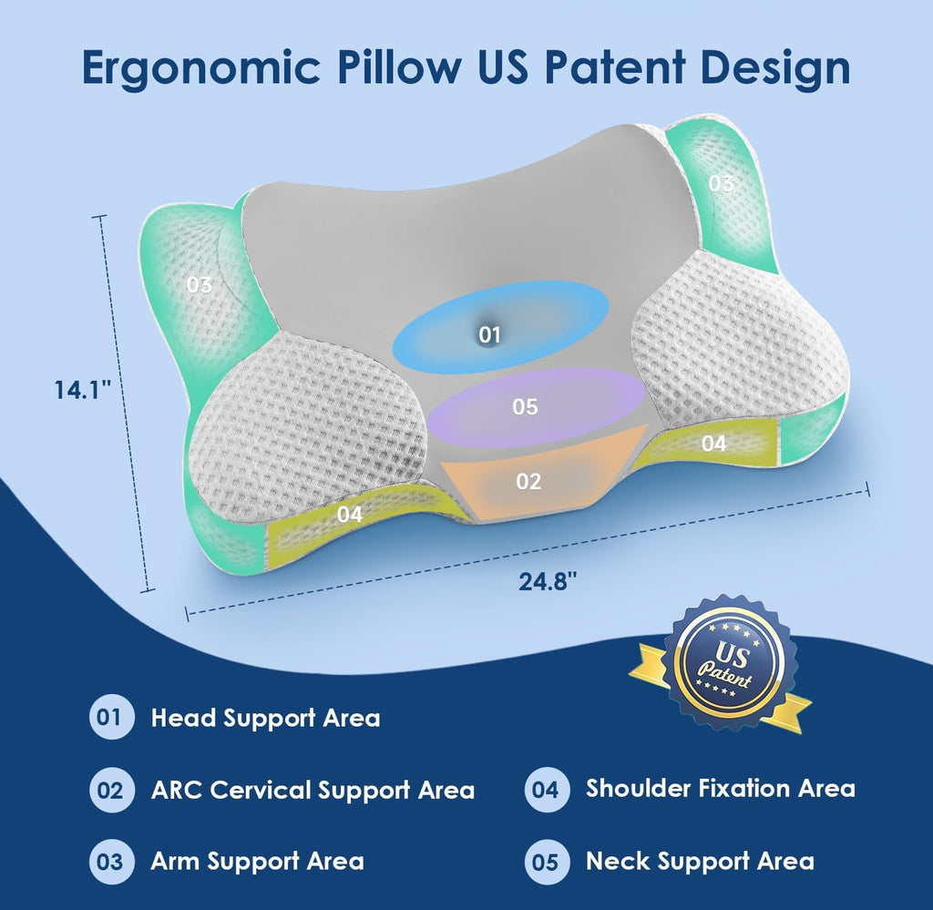 jiaao Cervical Neck Pillow Side Sleeper Pillow Ergonomic Memory Foam Contour Pillow for Pillow for Neck, Cooling Breathable Certified Cerv…