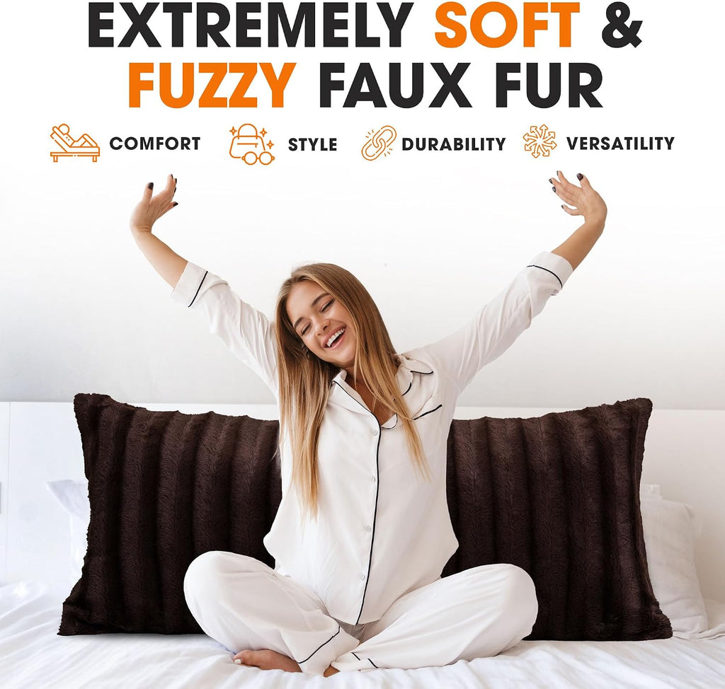 Cheer Collection Faux Fur Long Body Pillow - Accent Throw Pillow for Bed and Couch - Decorative Lumbar Pillow with Insert, Chocolate…