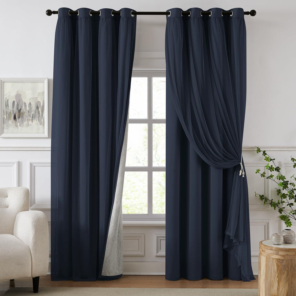 Swandream 100% Blackout Curtains for Bedroom, Double Layer Navy Blue Curtains, Black Out Curtain 63 inch long With Sheer Overlay for Living…