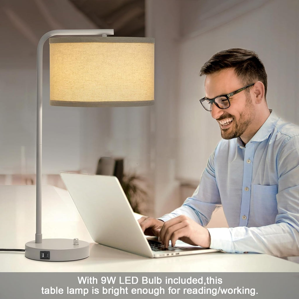Table Lamp with USB C+A Ports, Fully Dimmable Nightstand Lamp for Living Room, Modern Grey Bedside Lamp, Tall Table Lamp with Beige Shade…