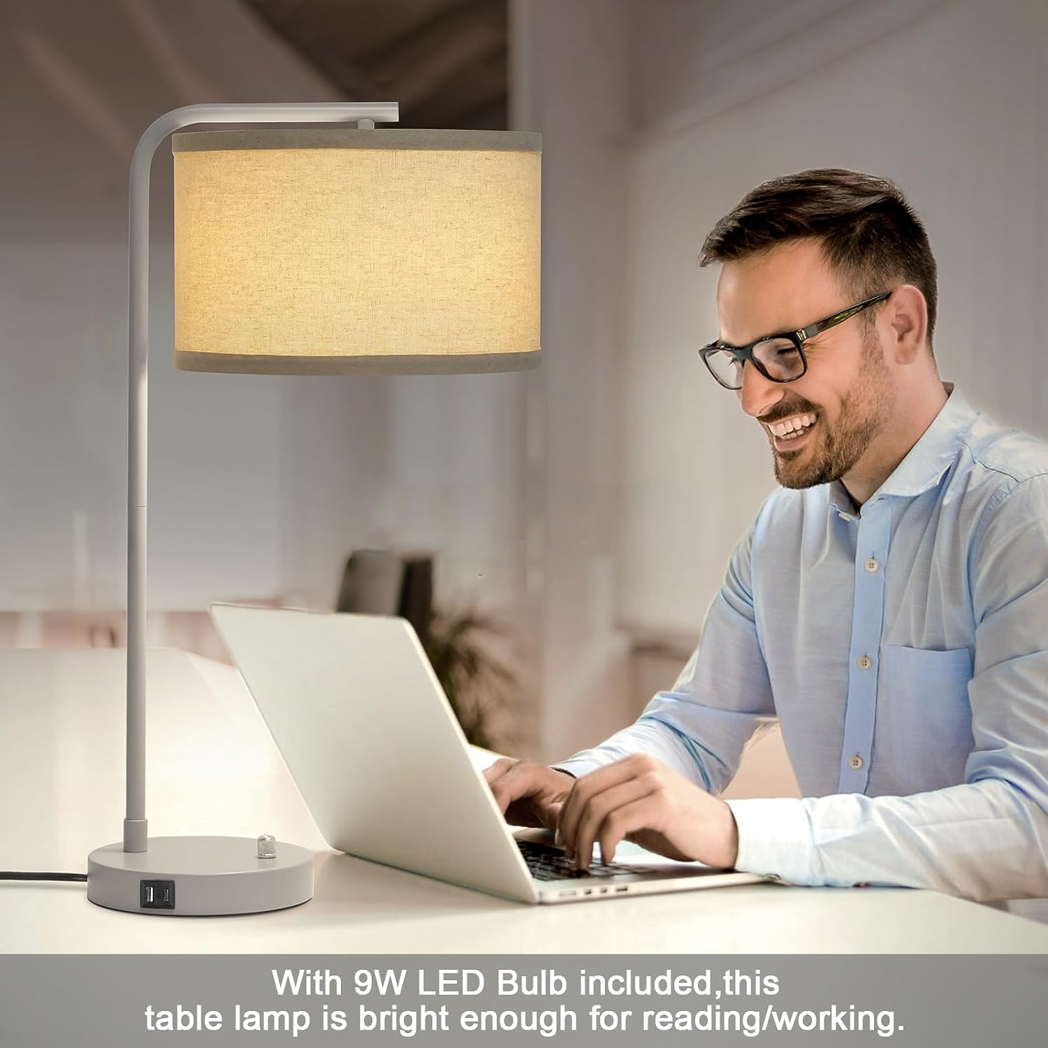 Table Lamp with USB C+A Ports, Fully Dimmable Nightstand Lamp for Living Room, Modern Grey Bedside Lamp, Tall Table Lamp with Beige Shade…