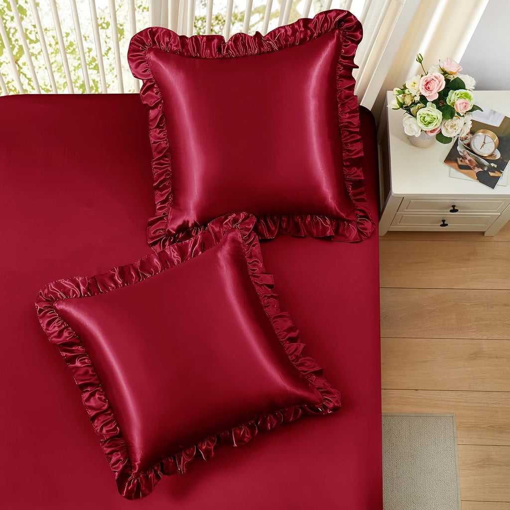 Homiest Ruffle Euro Sham Covers 26x26 Inch Set of 2, Burgundy Satin Pillow Shams with 3 Inch Wide Decorative Ruffled, European Square…