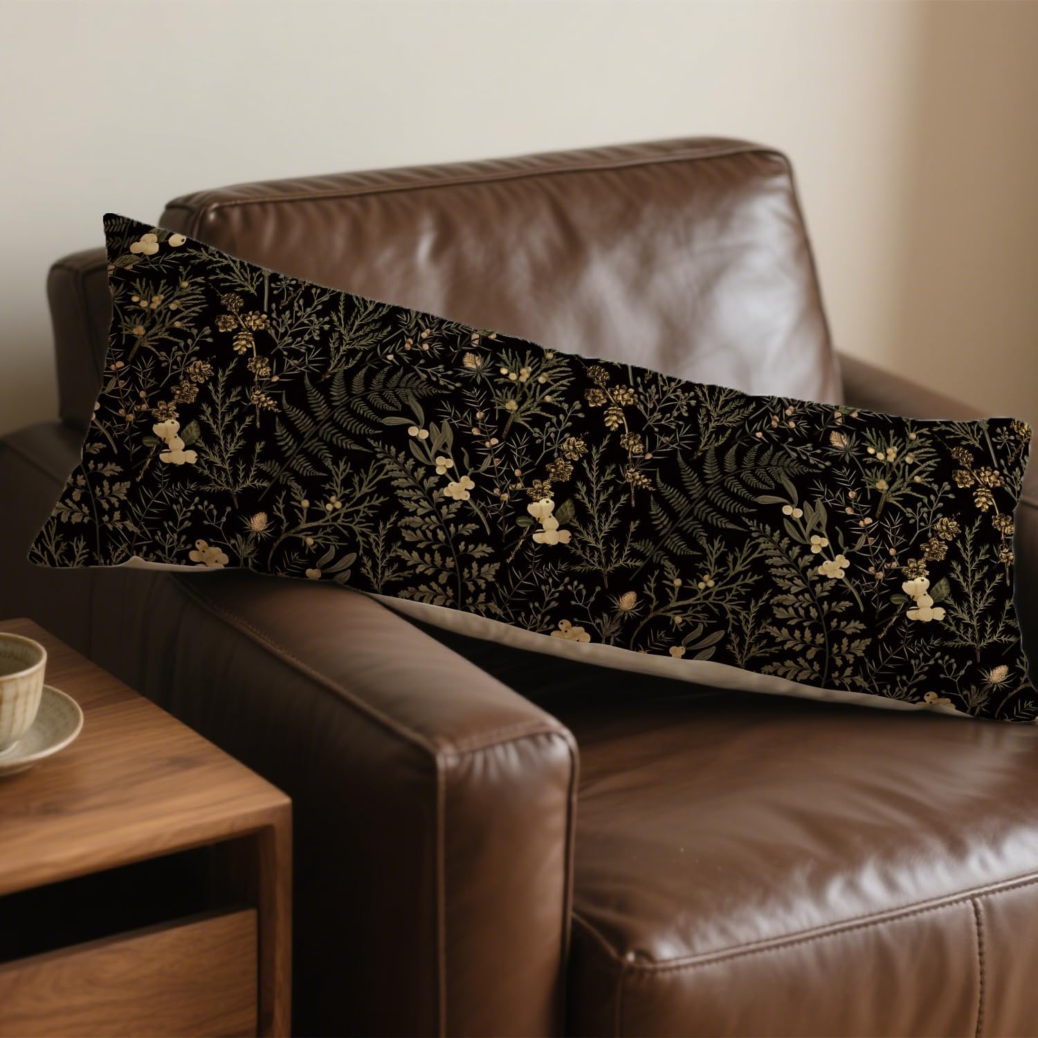 Moody Floral Botanical 20x54 Body Pillow Cover, Dark Aesthetic Room Decor, Rustic Dark Cottagecore Gold Plants Flower Botanical…