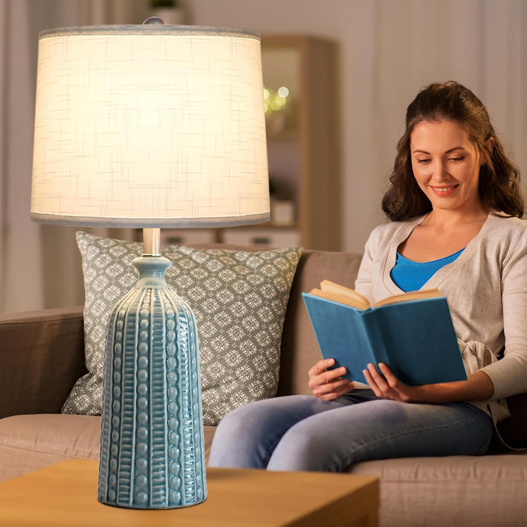 JUNNAI Green Ceramic Table Lamp 24.5": 3-Way Dimmable Nightstand Lamp with White Drum Lamp Shade | Modern Bedside Lamp for Bedrooms &…