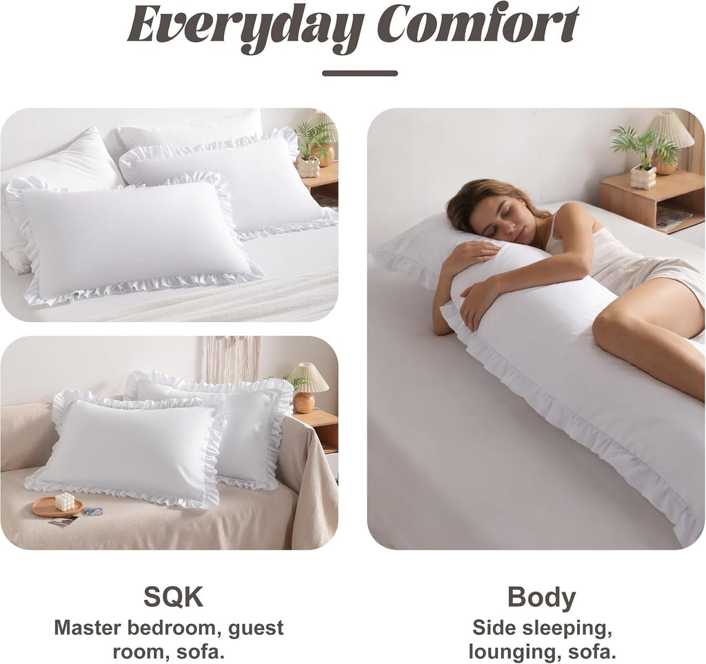 Bedsum Ruffled Pillow Shams Queen 20x30 Set of 2, Brushed Microfiber Pillowcases with Envelope Closure, Soft Wrinkle-Resistant, White White