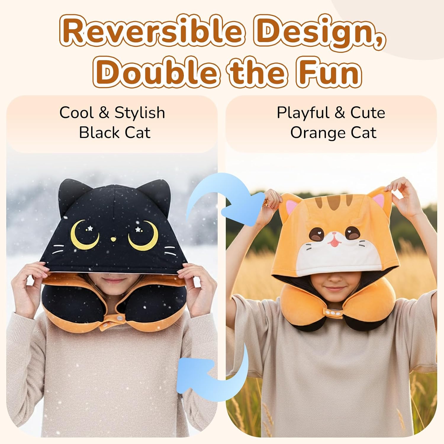 Mewaii Certified to ASTM & CPSIA Standards–Kids Travel Neck Pillow with Hood, Memory Foam Airplane Pillow, Double-Sided, Cute Design, Cooling…