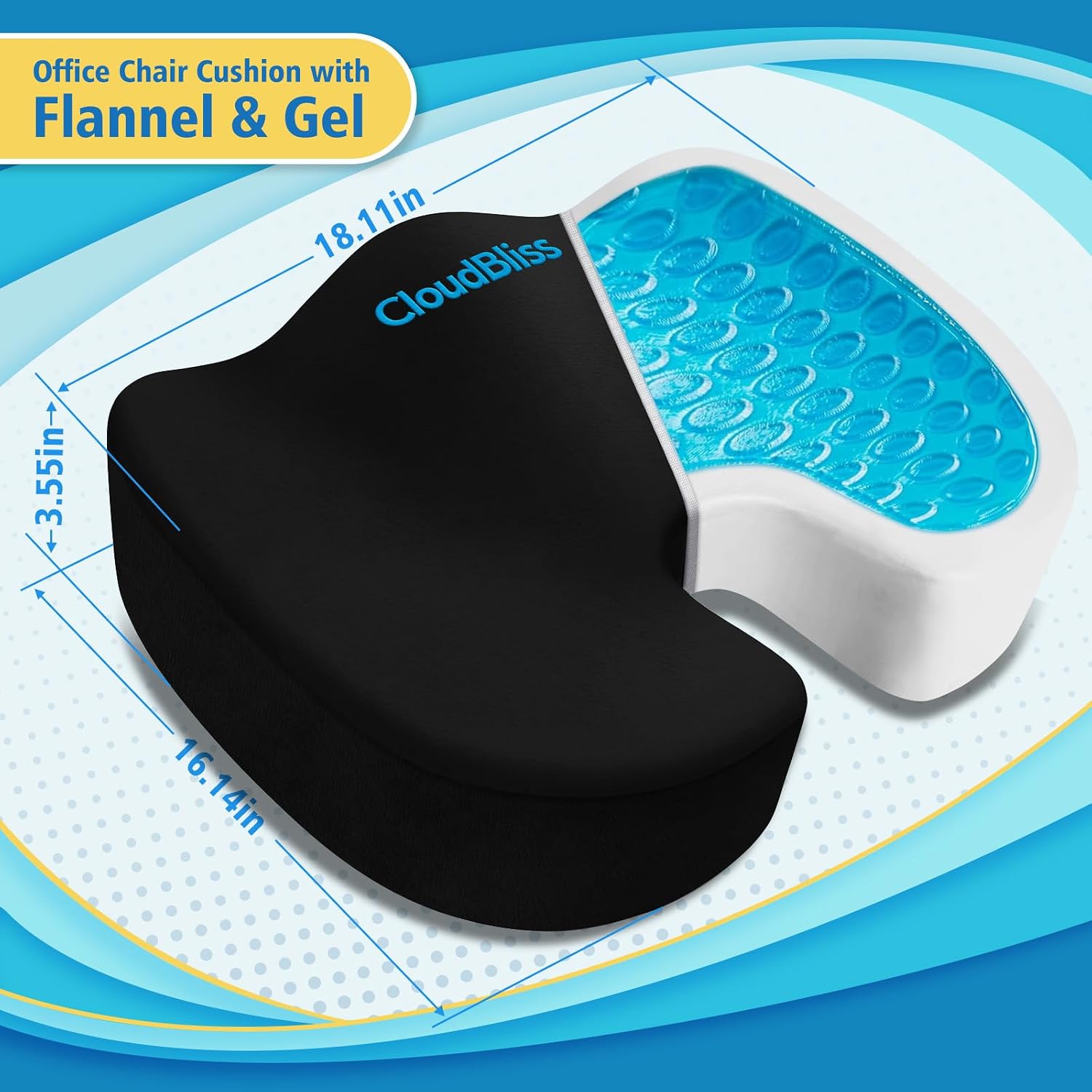 CloudBliss Gel Seat Cushion - Cooling Gel Enhanced, Memory Foam, Ergonomic Seat Cushion for Long Sitting for Office, Game, Car, Airplane…