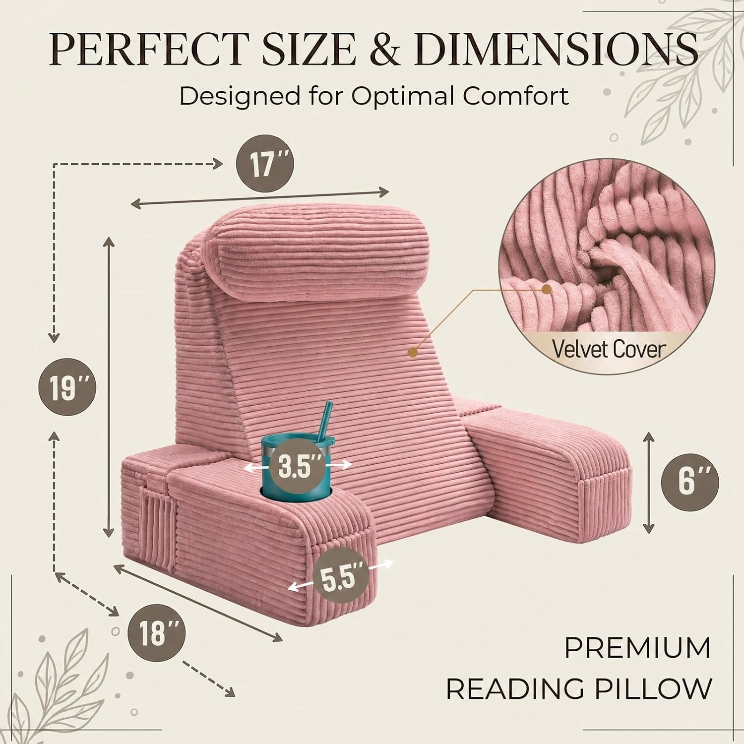 Asawesling Reading Pillow for Adults, Back Pillow for Bed Sitting Up, Backrest Pillow for Sitting in Bed, Detachable Arms with Built-in Cup…