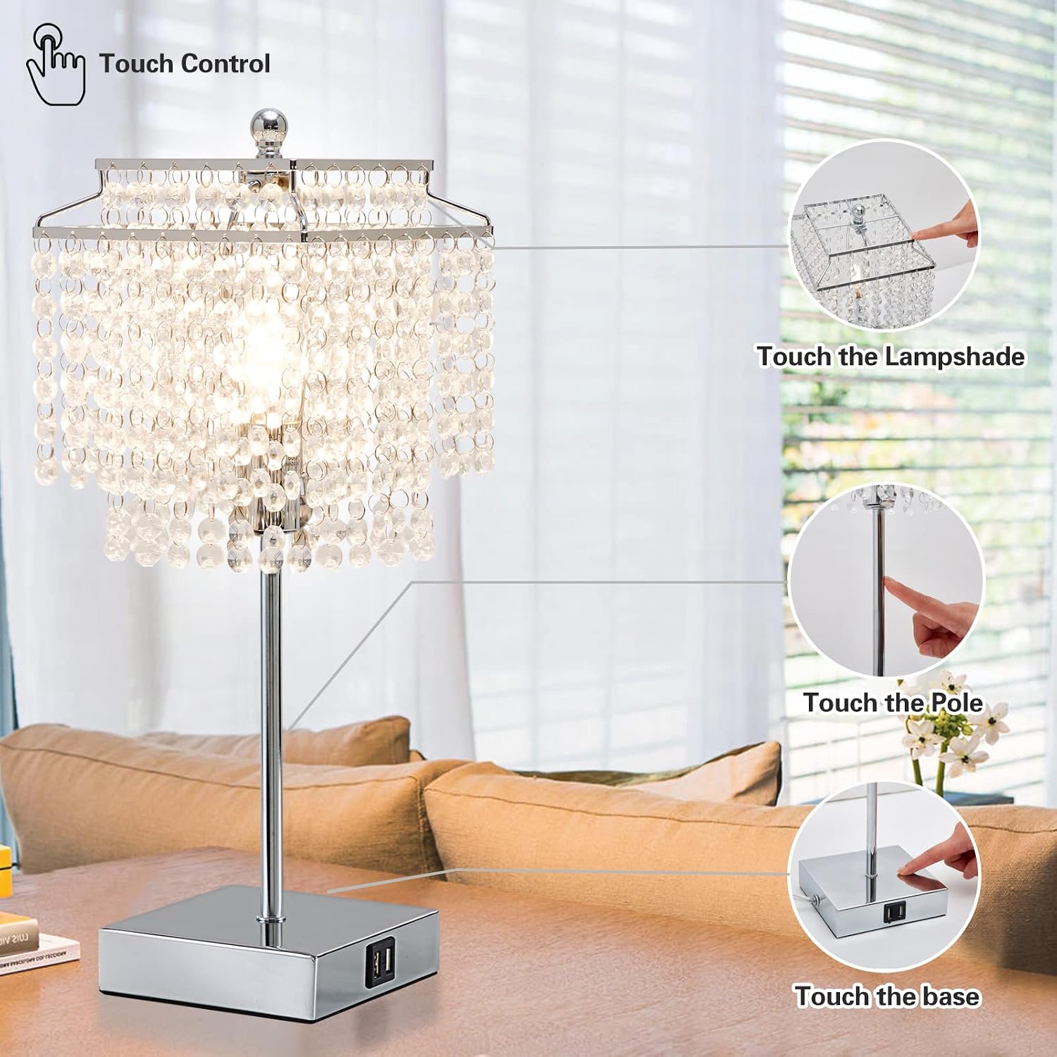 Touch Crystal Table Lamp Silver, Bedside Lamp with USB C+A Ports, Dimmable Nightstand Lamp with Crystal Shade, Bedroom Lamp for Girls…