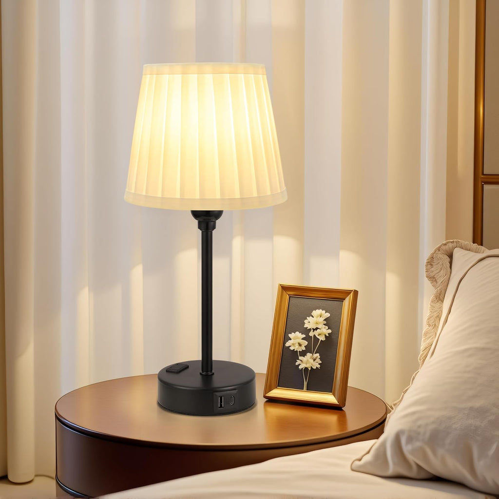 White Bedside Lamps for bedrooms Set of 2 - White Pleated Lamp Shade with USB Charging Ports, Touch Lamps for Nighstand, Night Stand Lamp…