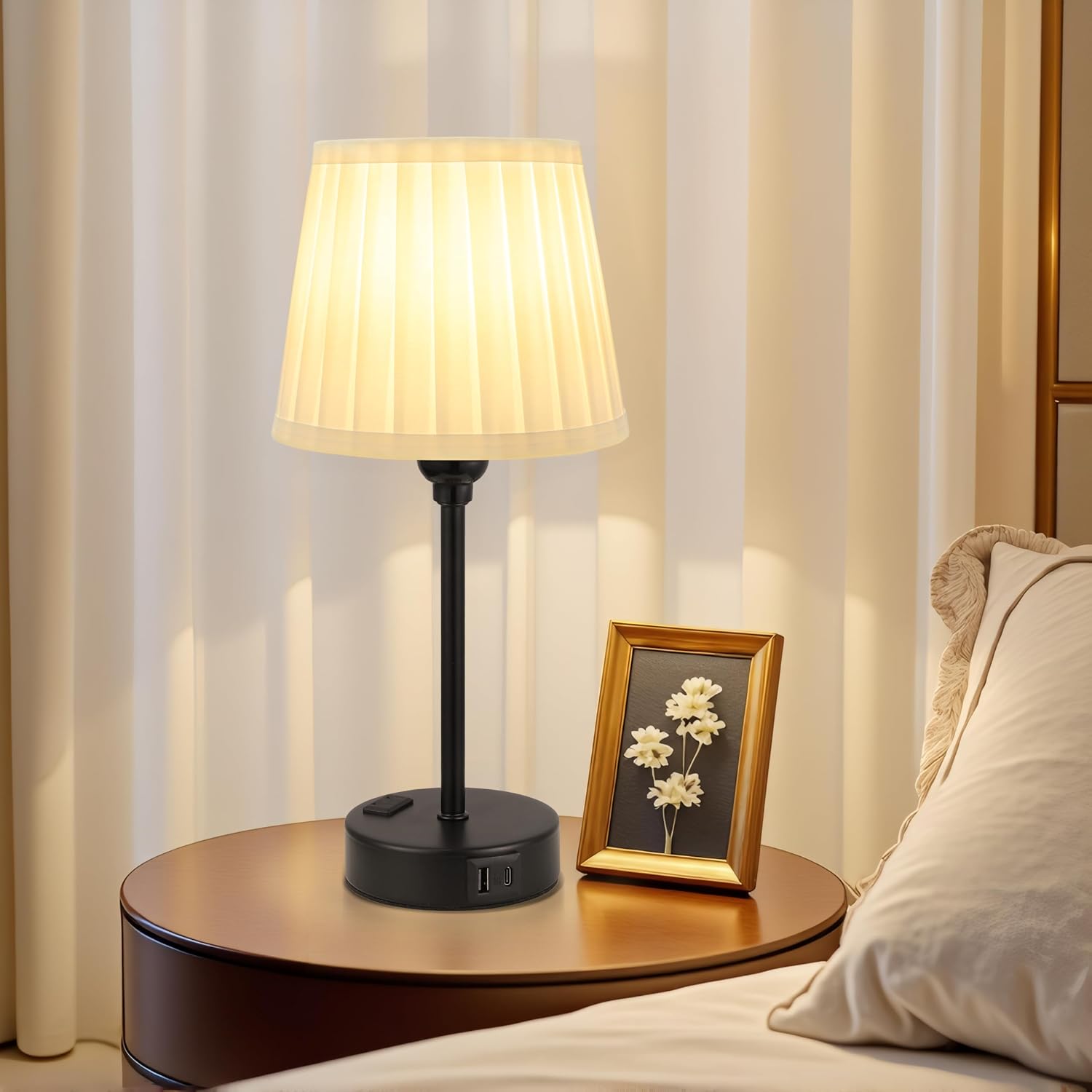 White Bedside Lamps for bedrooms Set of 2 - White Pleated Lamp Shade with USB Charging Ports, Touch Lamps for Nighstand, Night Stand Lamp…
