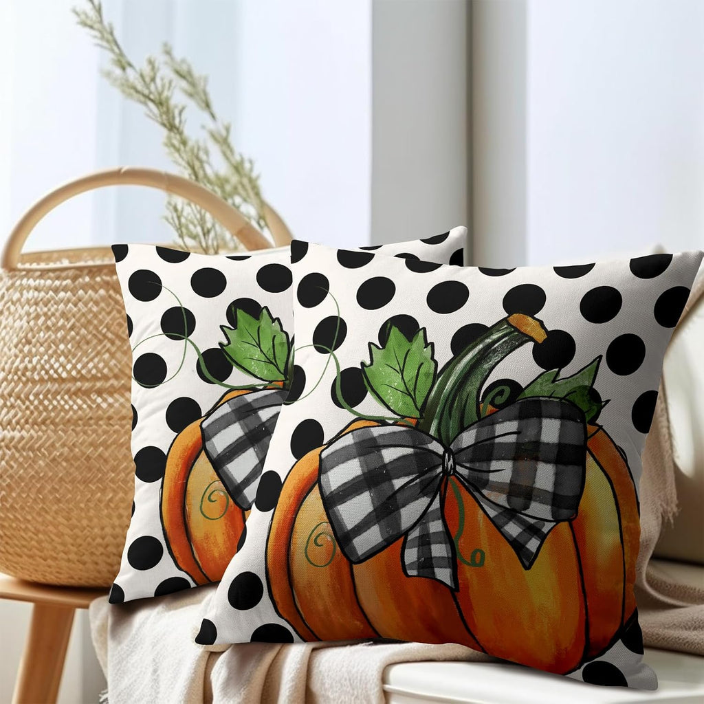 Fall Outdoor Pillows Covers 20x20 Inch Set of 2 Orange Pumpkin Black Polka Dot Decorative Throw Pillowcase Autumn Thanksgiving Seasonal…