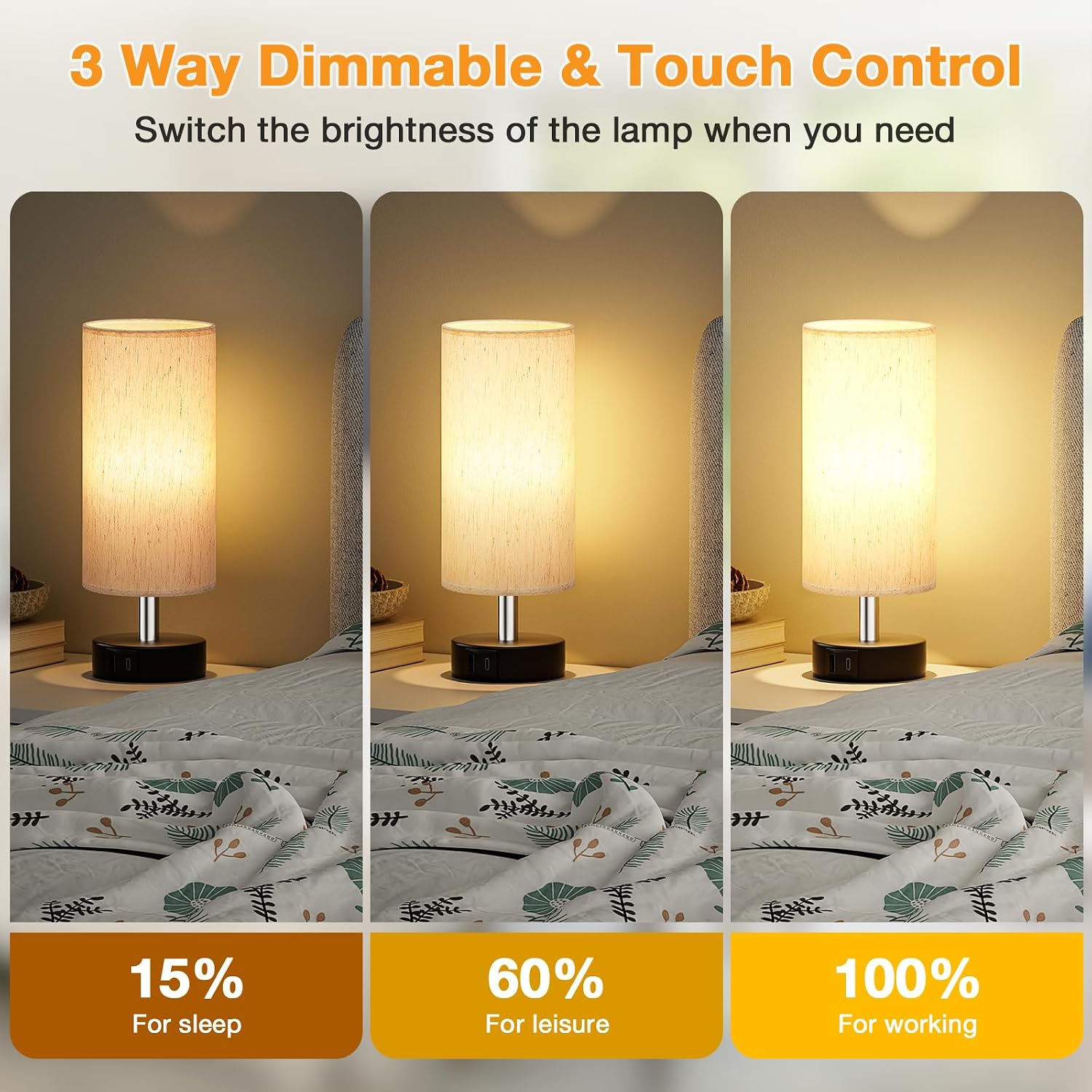 PartageiZ Small Touch Lamps Set of 2 - Table Lamps for Nightstand, Minimalist Bedside Lamps for Bedroom with 3000K Dimmable Bulbs