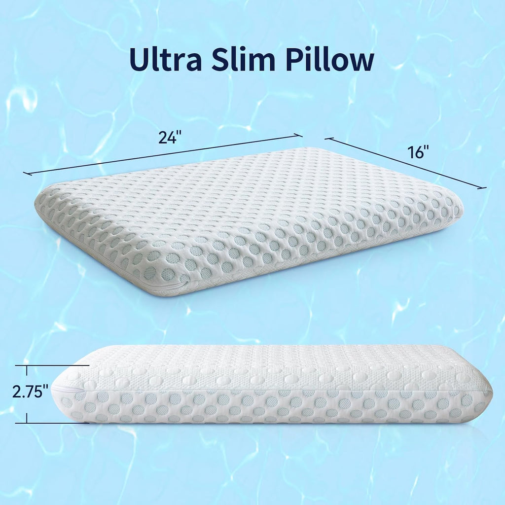 VipbearLiving Vipbear Ultra Thin Pillow 2.75" – Pillows for Stomach, Side & Back Sleepers, Gel Infused Memory Foam with Dual-Sided Coo…