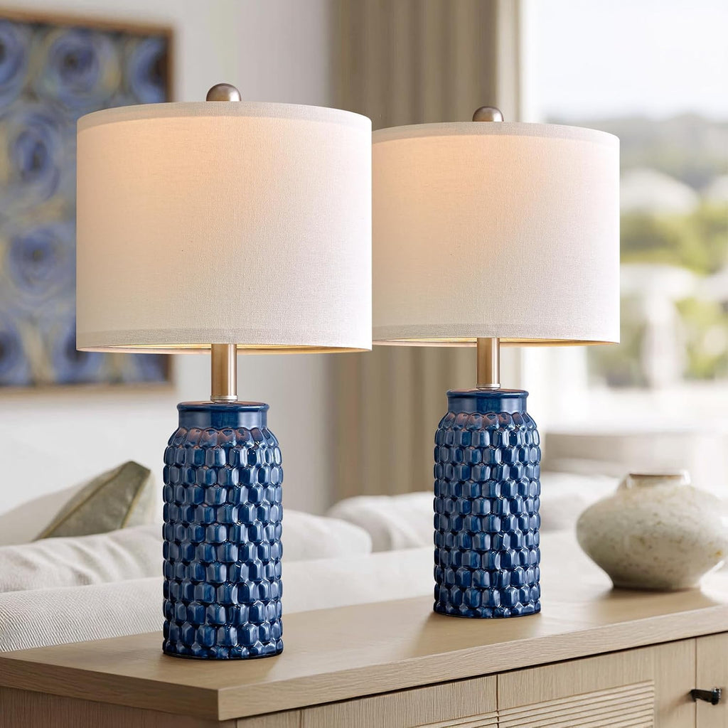 20.5" Small Bedside Lamps Set of 2 with 5FT Cord, Blue Ceramic Modern Farmhouse Table Lamps for Nightstand, Living Room, Bedroom, 3D…