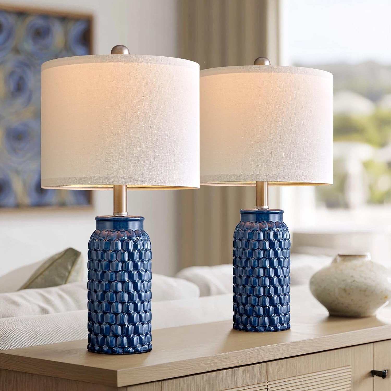 20.5" Small Bedside Lamps Set of 2 with 5FT Cord, Blue Ceramic Modern Farmhouse Table Lamps for Nightstand, Living Room, Bedroom, 3D…