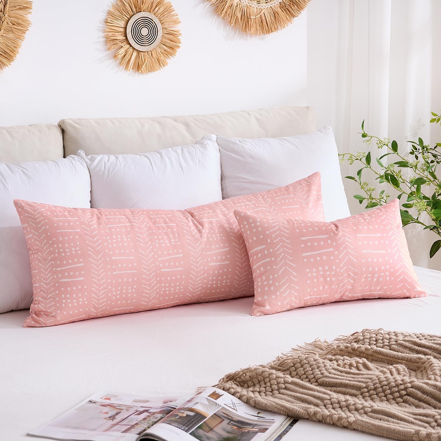 BONSTRAP Pink Boho Body Pillows Covers Decorative Long Lumbar Accent Throw Pillow Covers Large Queen 20x54 1 Piece for Bed Sleeping…