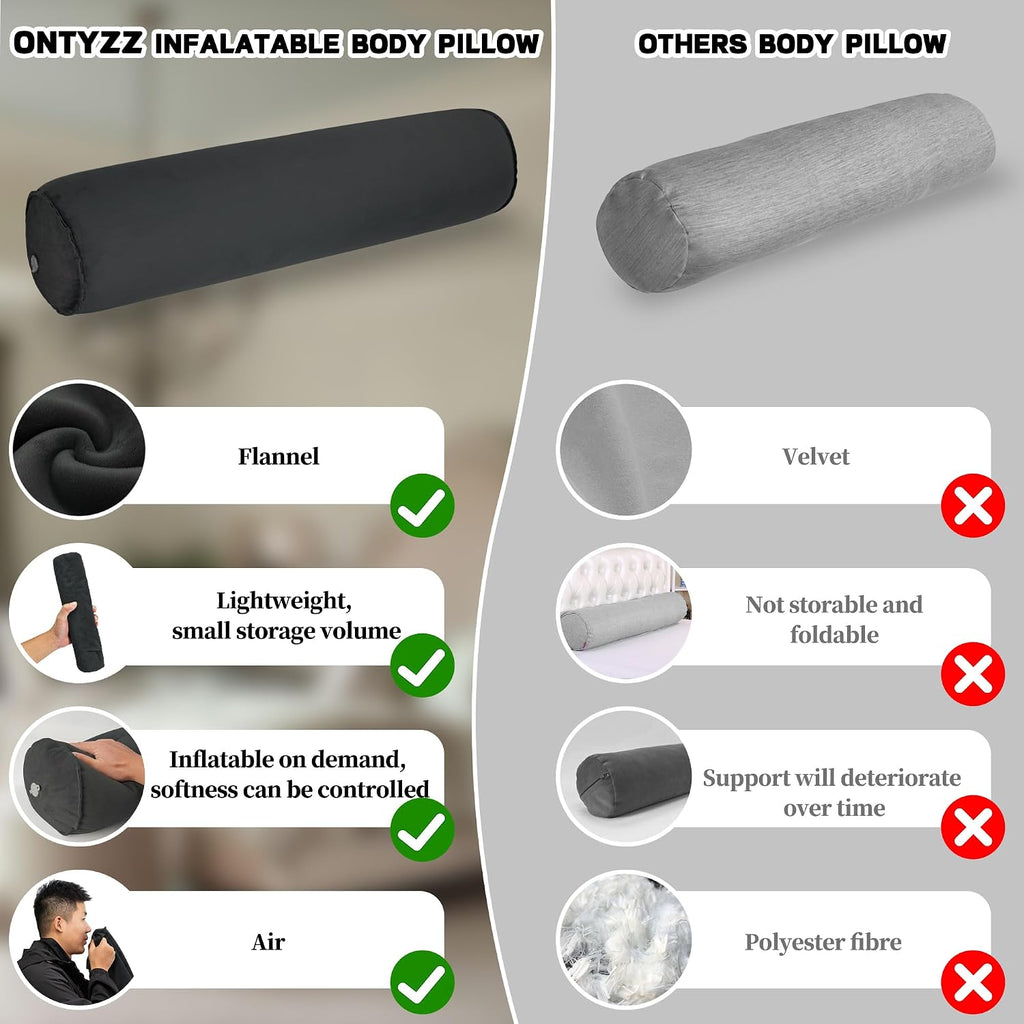 ONTYZZ Inflatable Long Body Pillow, Long Pillow for Bed, Oval Bolster Pillow for Good Sleeping and Back/Neck Support, 1pcs Black