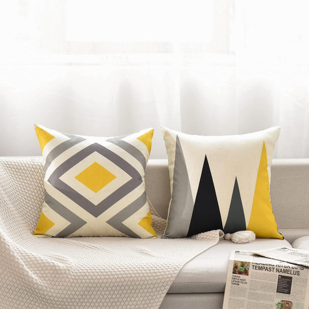 Tosewever Set of 4 Decorative Geometric Yellow Grey 18 x 18 Inches Throw Pillow Covers - Modern Pattern Linen Square Pillow Cushion Case fo…