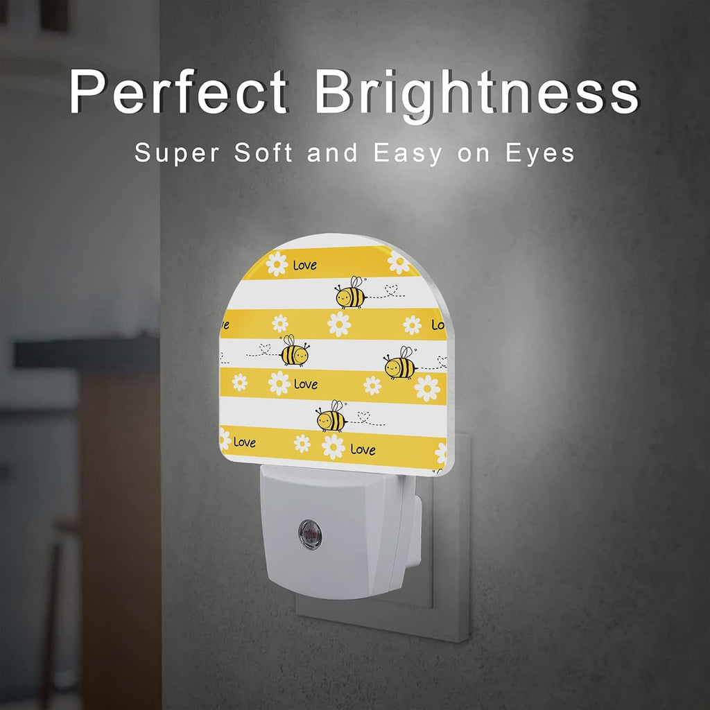 Cartoon Bees with Daisy Flowers Night Light Plug into Wall, Yellow Floral Bee Love Dusk to Dawn Night Light,0.5w Energy Saving Sleep…