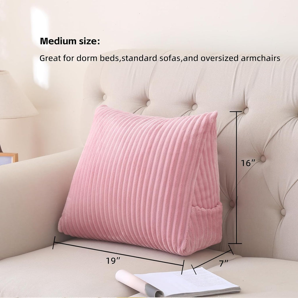 Corduroy Wedge Reading Pillow for Bed, 3 Sizes, 4 Colors for Bed, Sofa, Office Chair (Pink, Medium 19 * 16 * 7in)